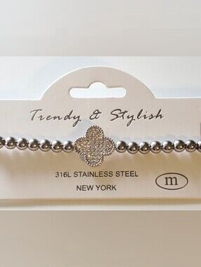 NEW 316L Stainless Steel Silver Beaded Stretch Bracelet With Clover Charm